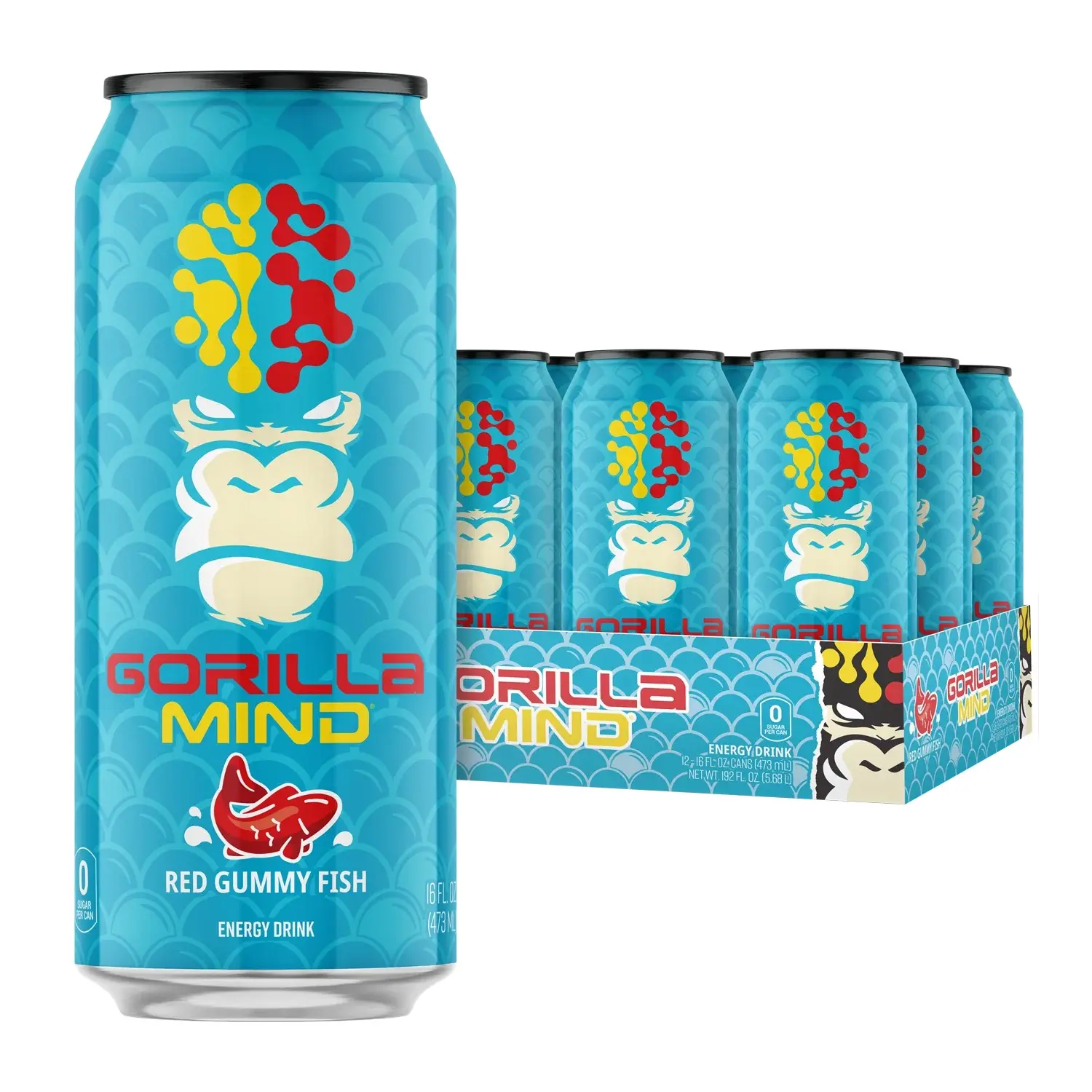 Gorilla Mind Caffeinated Energy Beverage - Red Gummy Fish Flavor - 12 Pack