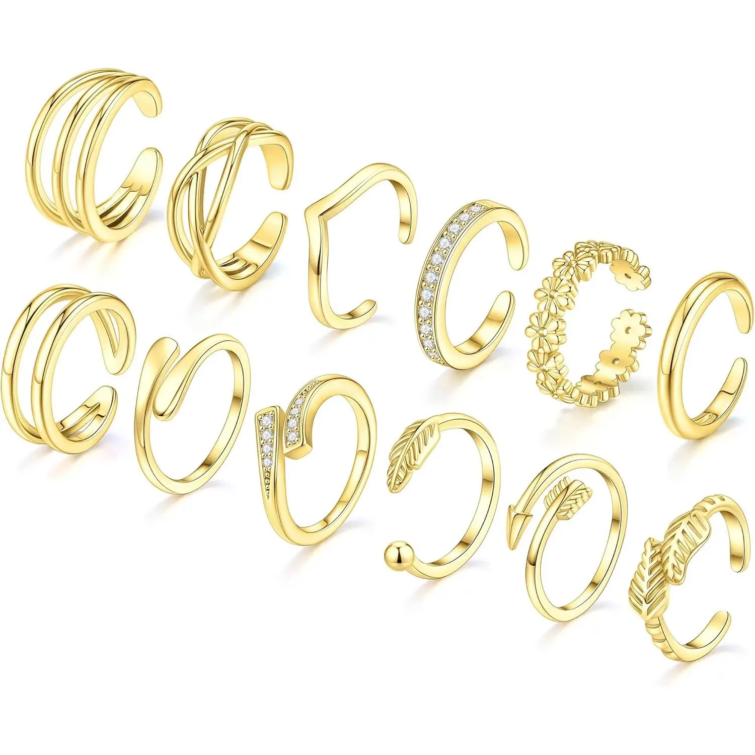 12Pcs Toe Rings for Women Non Tarnish 14K Gold Silver Set Simple Cute Open Adjustable Band Hawaiian Beach Summer Foot Jewelry Bracelet Flower Design