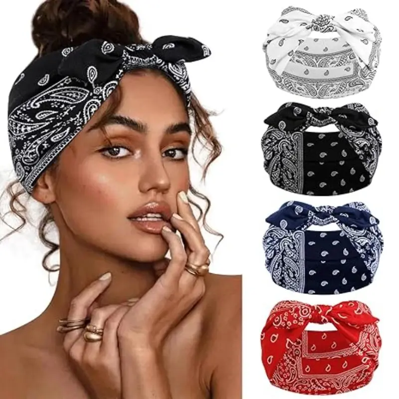 Women Rabbit Ear Hair Bands Set, Bunny Earbands, Paisley Boho Style Wide Headbands, No Slip Headbands, Anti-Slip Design, Thick African Sports Gym Workout Headband Scarf Accessories, Hairbands