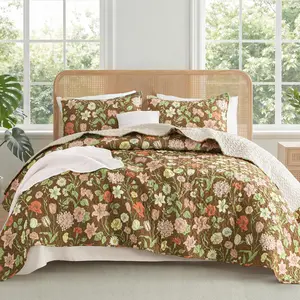 Floral Quilts  Size, Brown  Quilt Bedding Set with Chic  Garden , Reversible Lightweight Spring Bedspreads Coverlets Bed Cover for  Seasons (92"x96")