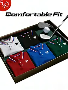Men's Polo Shirt Set, Casual Fashion Sporty Homewear, Solid Color Short Sleeve Horse Print, Contrast Collar, Breathable Daily/golf Shirts, Multiple Colors