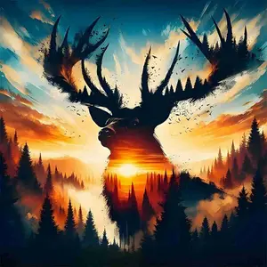 Double Exposure Deer Silhouette With Sunset Forest, Majestic Wildlife Nature Art 5D Full Drill Round & Square Diamond Painting Kit, DIY Rhinestone Cross Stitch, Cross Stitch Kits, Abstract Boho Wall Decor, Deer & Forest Lover Handmade Gift