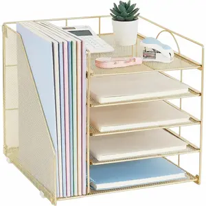 Desk Organizers and Accessories, 5-Tier Paper Letter Tray Organizer with File Holder, Desktop Organizer for Office Supplies (Gold)