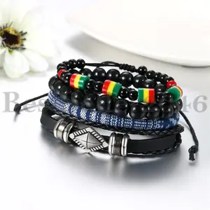 Handmade Tribal Leather Beaded Cuff Wristband 4pcs Set Bracelets for Men Women