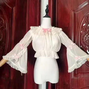Sweet Lolita Lace Embroidery Patchwork Shirt Women Y2k Aesthetic Harajuku Cropped Blouse Hot Girl Elegant Fashion Grunge Tops