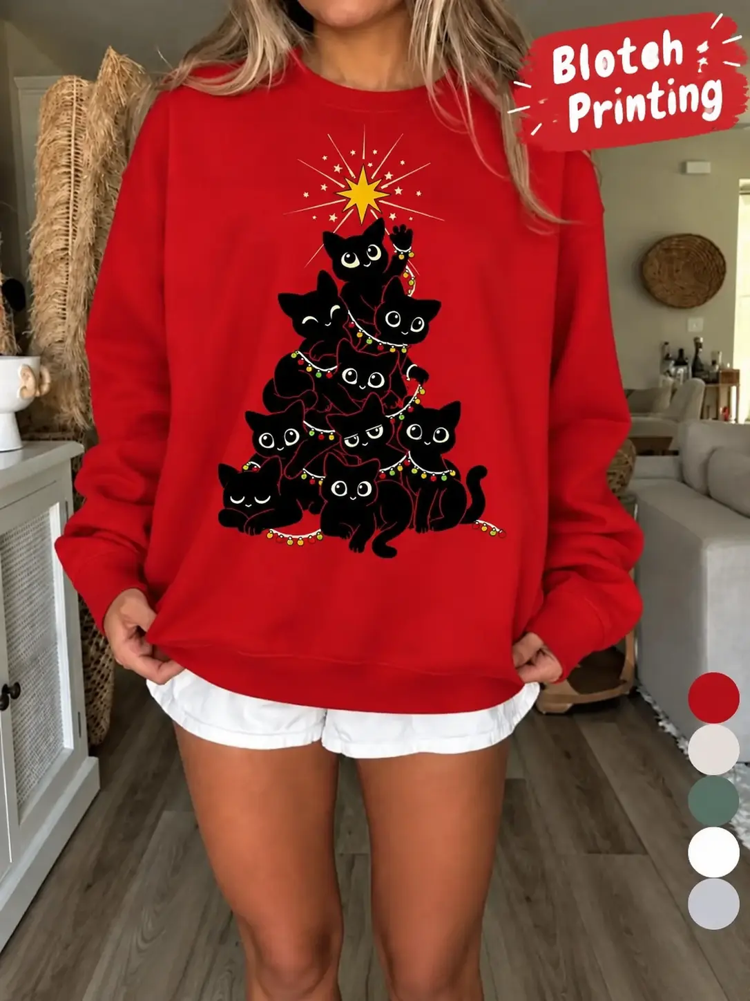 Women's Large-Sized Chic Crewneck Sweater - Soft Cotton-Polyester-Spandex Fabric, Geometric Black Cat Christmas Tree Pattern, Dropped-Shoulder Long-Sleeved Pullover, Lady-Fit for Everyday Autumn Casual Wear
