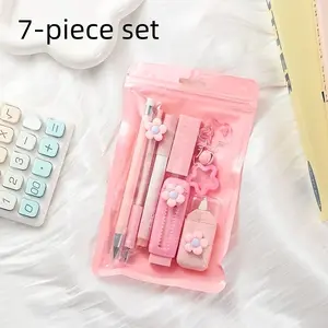7-Piece Multi-Functional Flower Stationery Set, Cute Student Writing Supplies Gift, Practical Learning Kit, Includes Eraser, Highlighter, Pen