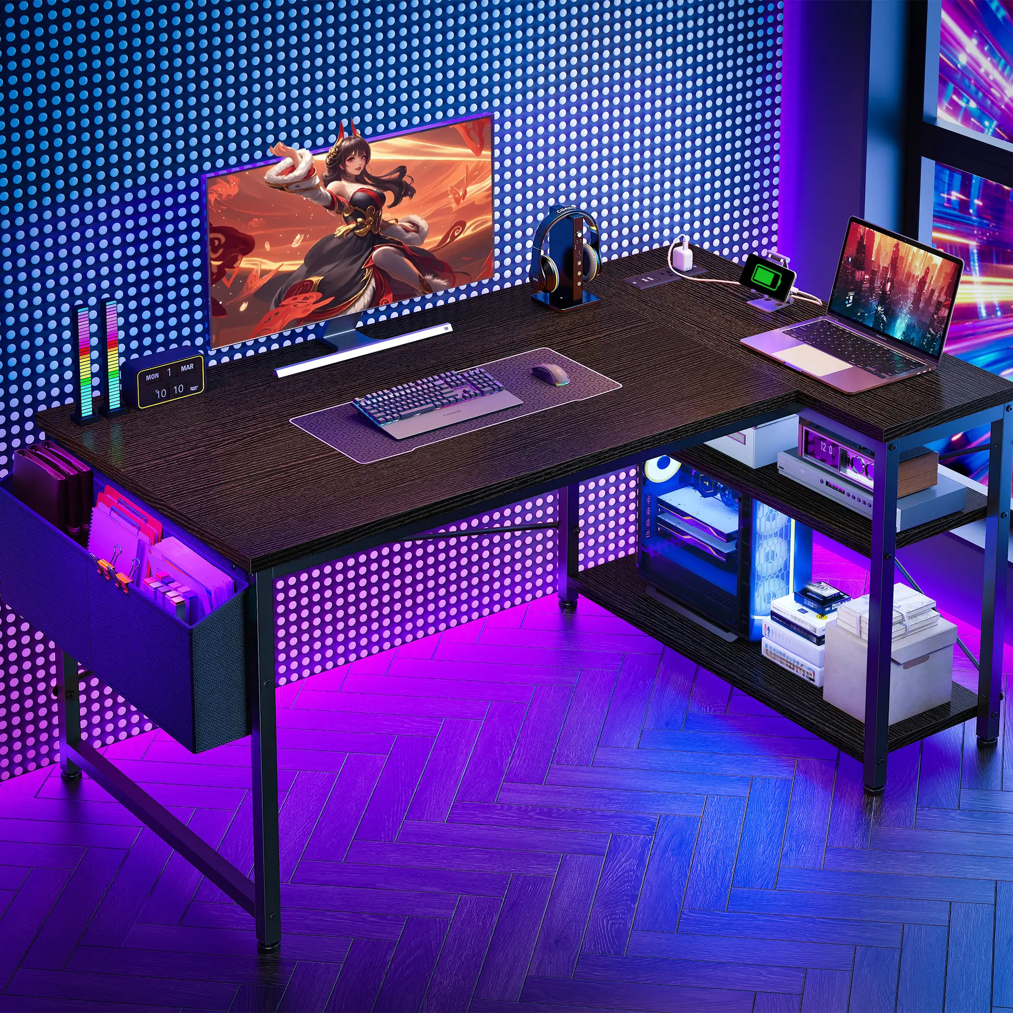 【For SMALL SPACE】Raybee L-Shaped Gaming Desk with Side Pouch, Shelves, Power Outlets Home Office Computer Desk for Small Space, Bedroom,Dormitory,Stud