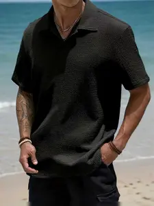 Men's beach-textured shirt, casual short-sleeve summer shirt, stylish loose-fit button-up top, lightweight breathable vacation wear, suitable for daily outings, surfing, and beach outfits, comfortable casual shirt
