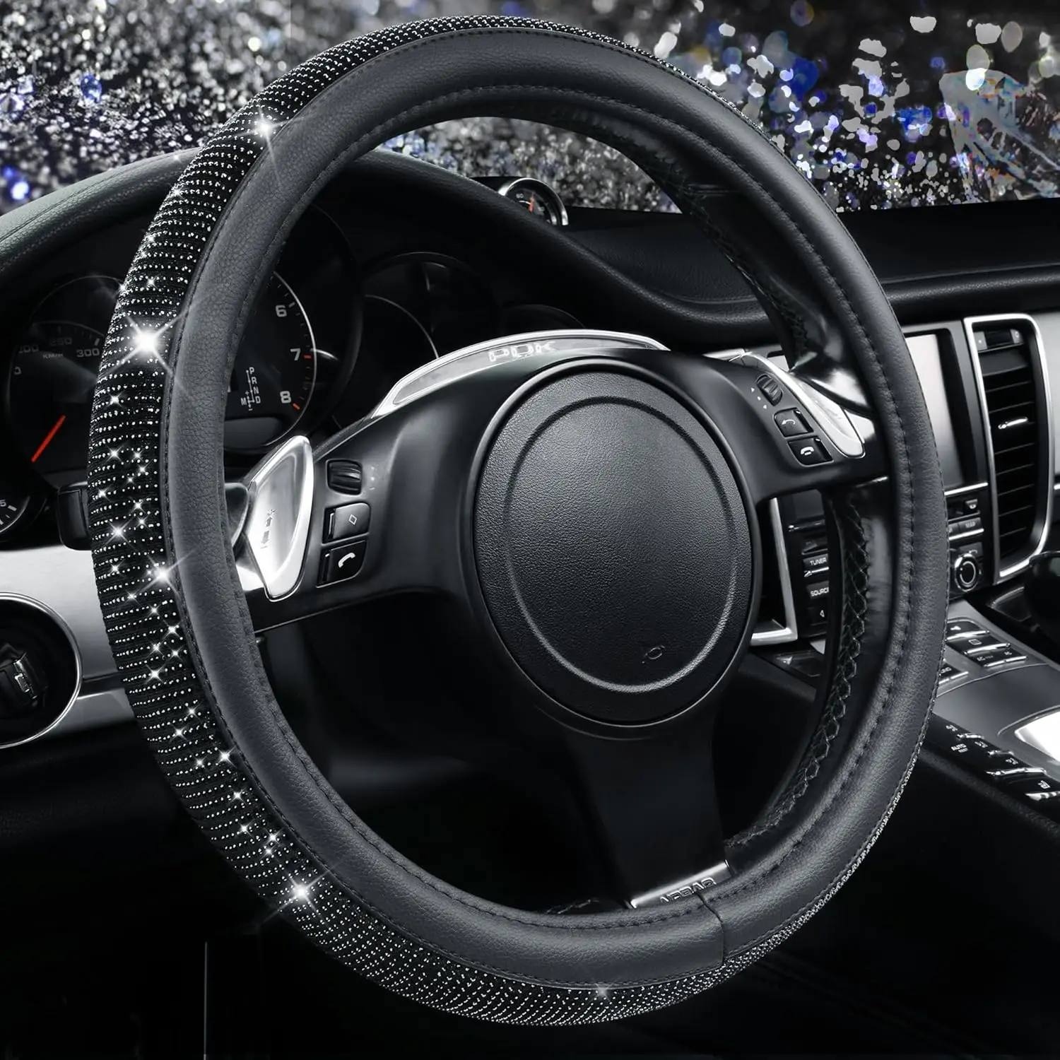 Bling Diamond Leather Steering Wheel Cover, With Sparkly Crystal Glitter Rhinestones Universal Fit 14"1\/2-15" Car Wheel Protector for Women Girl Fit Suvs,Vans,Sedans,Car,Trucks, Black Diamond
