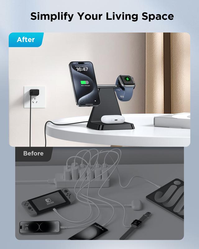 3-in-1 Charging Station Compatible with Magsafe Wireless Charger for iPhone 16/15/14/13/12 Series for AirPods iWatch Series Wireless Charger