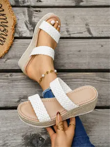 A pair of new large-size women's two-strap woven wedge sandals with hemp rope soles, suitable for outdoor wear, stylish, simple, comfortable, lightweight, casual, versatile, and with a thick wedge heel