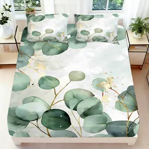 2/3 Pcs 2D Flat Watercolor Eucalyptus Leaves Fitted Sheet Set, Eucalyptus Bedding Set Quilt Cover 1 Fitted Sheet+ 1/2 Pillowcases, Eucalyptus Top Sheet Decorative Bedding Bedroom Decor