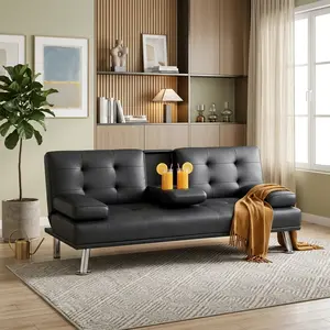 Faux Leather Convertible Futon Sofa Bed, Adjustable Recliner Couch with Cup Holders, Foldable Sleeper Sofa for Small Space, Living Room & Apartment