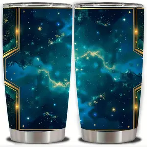 20oz "Cosmic Wonder" Galaxy Art Stainless Steel Tumbler, Double Wall Vacuum Insulated Travel Mug with Starry Night Design and Golden Frame, Spill Proof Lid and Straw, Perfect Gift for Space Enthusiasts, Ideal for Christmas, Thanksgiving
