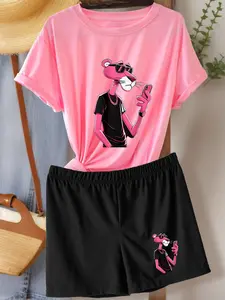 【Plus Size】 Cartoon Panther Print Short Sleeve Tee & Skinny Shorts Two-Piece Set, Casual Round Neck T-shirt & Shorts, Women's Two-piece Outfits for Summer, Cute Two Piece Sets, Clothes