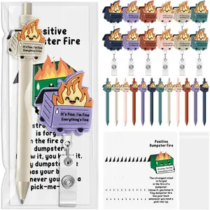 12 Set Employee Appreciation Gift Bulk Dumpster Fire Badge Reel Funny Ballpoint Pen Saying Dumpster Fire ID Card Holder Thank You Card Emotional Social Worker Month Support Gift for Nurse