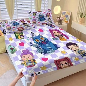 3Pcs K-pop Anime Fitted Sheet Set with 2 Pillowcases, Cute Purple Checkerboard Cartoon Print Bedding, Soft Elastic Mattress Cover for Teens & K-pop Fans, Perfect for Bedroom & Dorm Decor