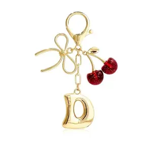 Bubble Letter Keychain with Bow and Cherry Design, Cute Bag Charm for Women, Silver Color Wallet Accessory, Elegant Handbag Pendant