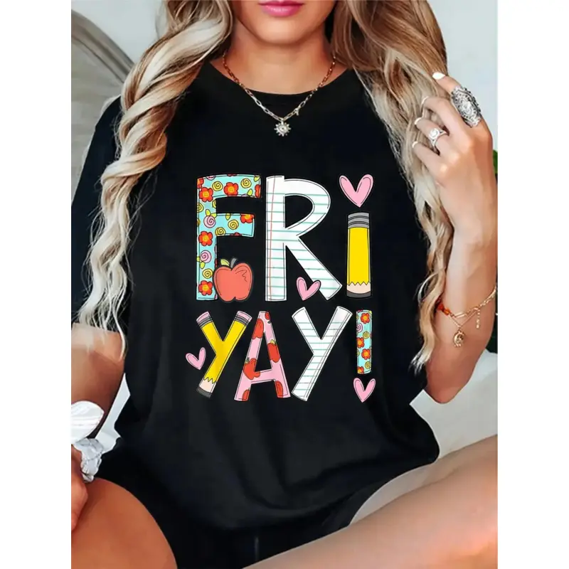 Fri-Yay Print Lady Tshirt, Casual Short Sleeve Sport Top, Women's Streetwear Clothing for Sporty Teachers
