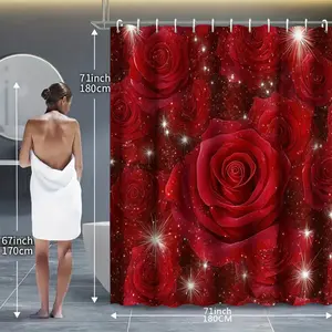 Rose Print Floral Shower Curtain Set, Bathroom Accessories Kit with Rug, U-Shaped Pad, Toilet Seat Cover, 12 Hooks, Bath Decor