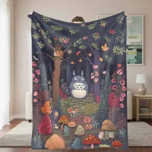 Totoro Flannel Blanket - Enchanted Forest Print, Super Soft, Warm, Cozy, Lightweight - Ideal for Sofa, Travel, and Gifting to Animation Lovers