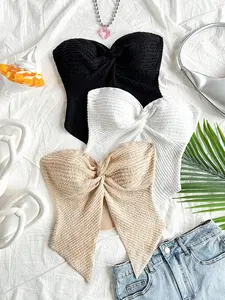 French Style Sweet Cool Women’s Strapless Top with Bow, Textured Pleated Fabric, Irregular Hem, Fitted Casual Summer Blouse Set