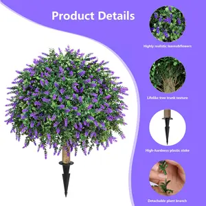 Artificial Boxwood Topiary Ball with Lavender, Set of 1 Artificial Shrub Bushes with Ground Spike, UV Resistant Fake Evergreen Plant Tree for Porch Outdoor Planters Indoor Valentine's Day