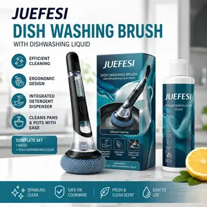 Dish Washing Brush with 150ml Liquid Refill Heavy Duty Pot Pan Bottom Cleaner Effortless Grease Remover Non Scratch Ergonomic Soap Dispenser Tool for Kitchen Sink