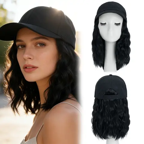 8" 20cm Adjustable Curly Wave Bob Wig Baseball Cap with Hair Extensions Baseball Hat Synthetic Full Head Wig For Woman
