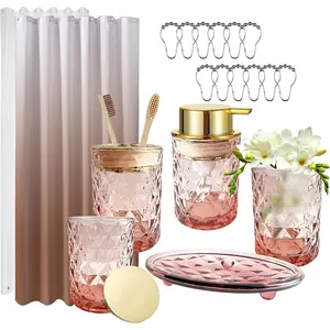 Brown Accessories Set with Shower and Liner, Decor Set, Soap Dispenser, Toothbrush Holder, Soap Dish, Tray, Complete Makeover Set