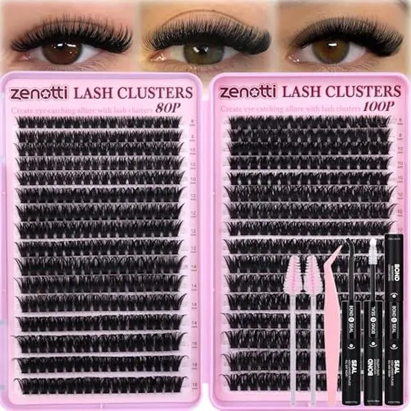 Lash Clusters Kit Fluffy 80D 100D Eyelash Clusters Kit 544PCS Wispy Cluster Eyelash Extensions D Curly Individual Lashes 8-16mm Soft Band DIY at Home with Lash Bond&Seal Tweezers Brush by zenotti