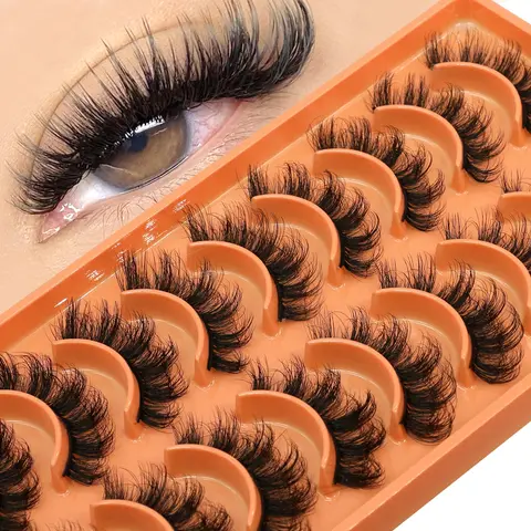 GROINNEYA 10 Pairs Thick Fluffy Cat Eye Lashes 3D Volumized Faux Mink Eyelashes Wispy Soft Fake Lashes Thin Band Eye Lashes,Makeup Extensions Eyelashes For Beginners-Friendly Strip Lashe Eyelash Falsies, Voluminous False Eyelashes