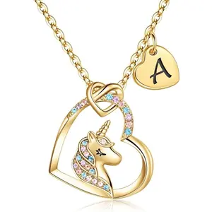 Letter A-Z Colorful Zircon Copper Heart Pendant Children Jewelry Unicorn Necklace, Cute Style, All Seasons