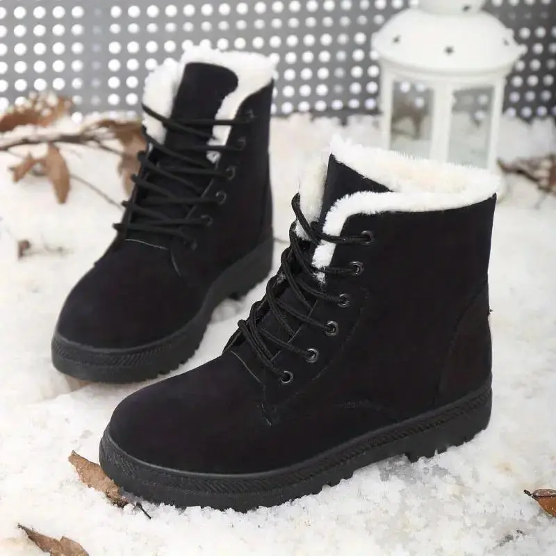 Women's Casual Platform Snow Boots, Plain Round Toe Lace-Up Ankle Booties with Warm Fur Lining, Non-Slip Insulated Winter Footwear