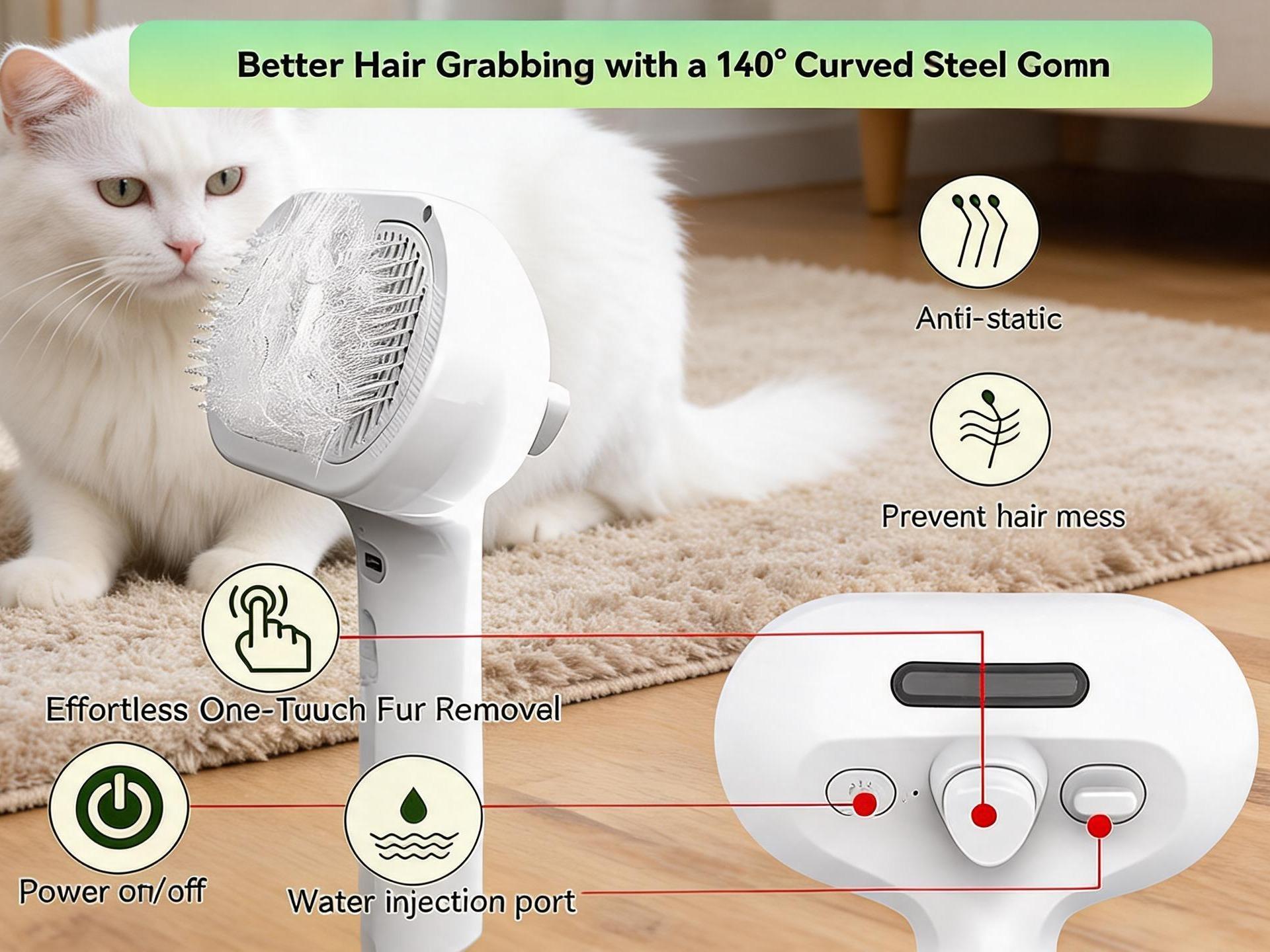 All-In-One Pet Hair Removal Brush Pet Steam Brush, 3-in-1 Spray Hair Removal Comb for Dog and Cat, Steam for Shedding and Grooming, Spritz Defur Comb, Water Brush for Long & Short Haired Pets