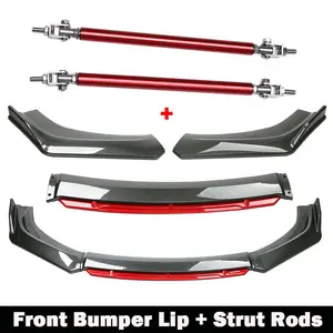 Carbon Fiber Car Front Bumper Lip Chin Spoiler Splitter Body Kit+Strut Rods(Red)