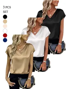 2026 Women Silk Satin Tops Cap Short Sleeve Blouse V Neck Shirts Business Casual Outfits hot