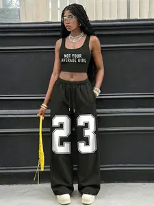 Women's Casual Streetwear Set, Fitted Sleeveless Crop Top and Long Pants, 23 Number Print and Not Your Average Girl Slogan, Printed All Seasons Fashion Outfit