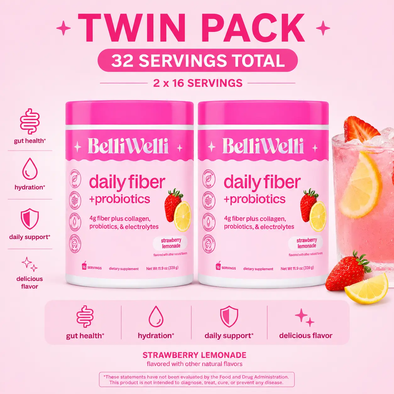 BelliWelli Daily Fiber + Probiotics - Strawberry Lemonade - 30 day