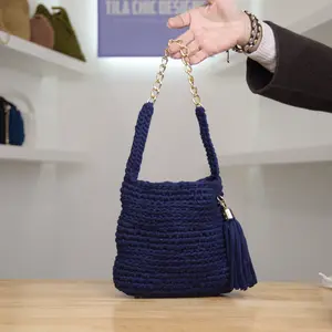 Tila Chic Designs Navy Blue Shoulder Crochet T-Shirt Yarn Bag with Gold Chain Handle and Tassel Charm