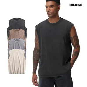 Holafish Men's Acid Wash Cotton Sleeveless Tank Tops - 1/2 Pack Vintage Fashion Natural Fabric Cut Off Muscle Tees for Football, Gym Workouts