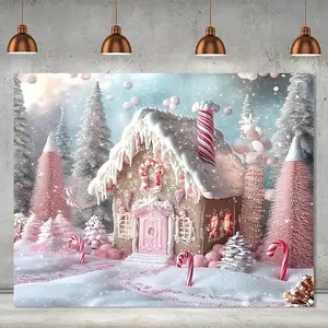 1pc Sparkling Pink & White Winter Wonderland Backdrop with Snow-Covered Dessert Cabin & Candy Trees - Durable Polyester, Perfect for Christmas Decorations, Parties & Festive Photo Shoots, Christmas Outdoor Decorat