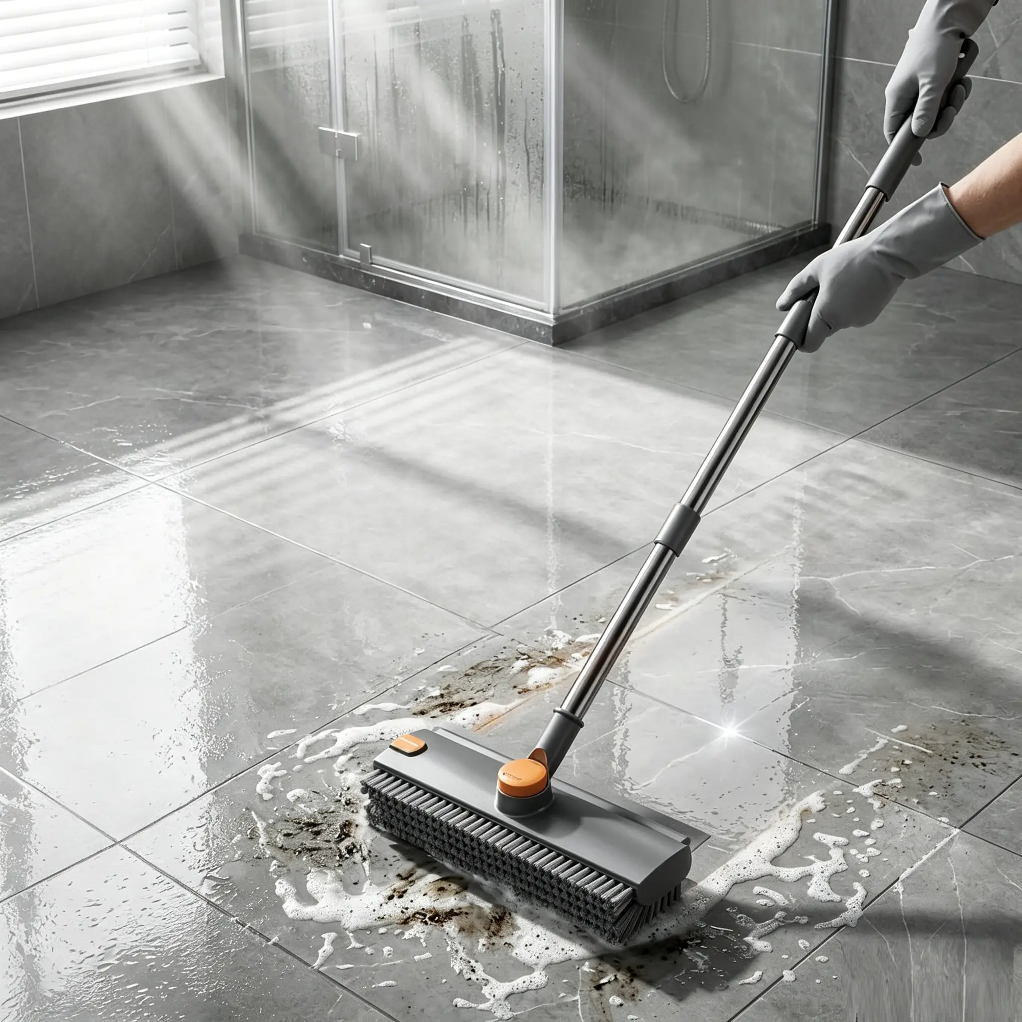4-in-1 Heavy Duty Stainless Steel Adjustable Long Handle Floor Scrub Brush - Rotatable Head, Stiff Bristles, Built-In Squeegee, Debris Tweezer, Silicone Elements, Space-Saving Tile & Concrete Multi-Surface Cleaner, 28 Inches, 360° Rotatable Bristl