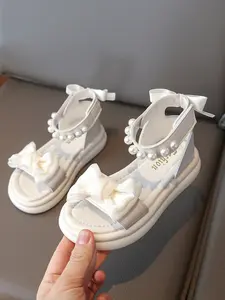 Girls' Ribbon Bow Pearl Decorated Thick Sole Open-Toe Sandals, Sweet Princess Style, Velcro Ankle Strap, Non-Slip Breathable, Daily Wear, Velcro Fastening Sandals