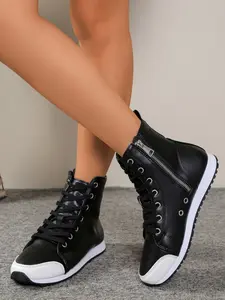 Side Zip High Top Casual Boots for Women, Lace-Up Flat Boots, Waterproof Anti-Slip Sporty Short Boots for Fall Winter