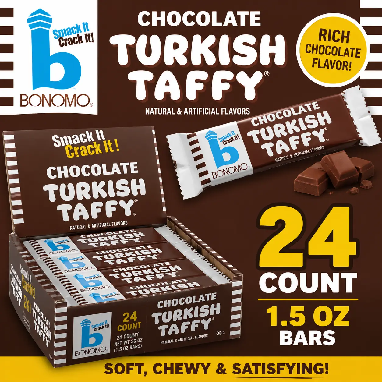 Bonomo Turkish Taffy Chocolate Candy Bars 1.5 oz 24 Count  Classic Chewy Chocolate Taffy | Retro Individually Wrapped Candy Treats