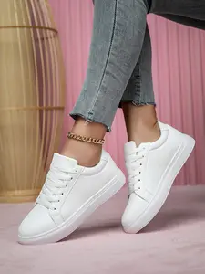 Women's PU Leather Eva Sole Casual Sneakers, Lightweight Comfortable Lace-Up Shoes for All Seasons, Fashion Sporty Style