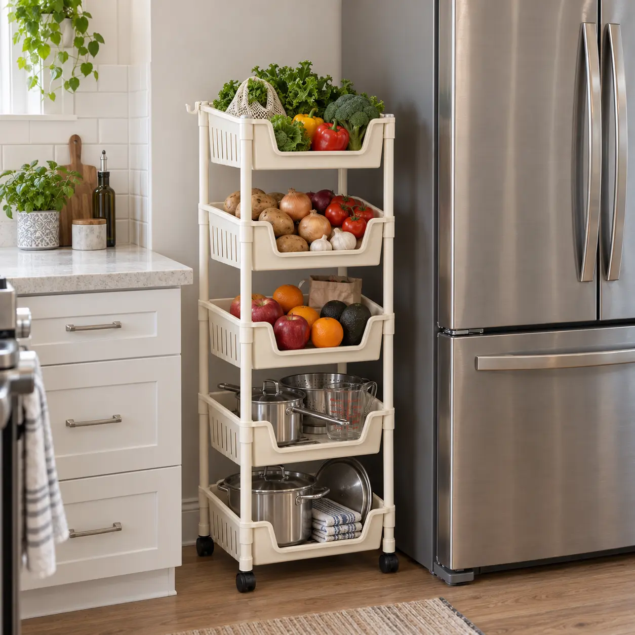 5-Tier ABS Rolling Storage Cart, Narrow Mobile Utility Organizer with Lockable Wheels, Slim Shelving Unit for Kitchen, Bathroom Home Organization