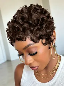 Pixie Human Hair Pixie Cut Wig, Short Curly Wavy Wig with Bangs, Natural, Rose Net Cap, Elegant Style for Women, Human Hair Wigs
